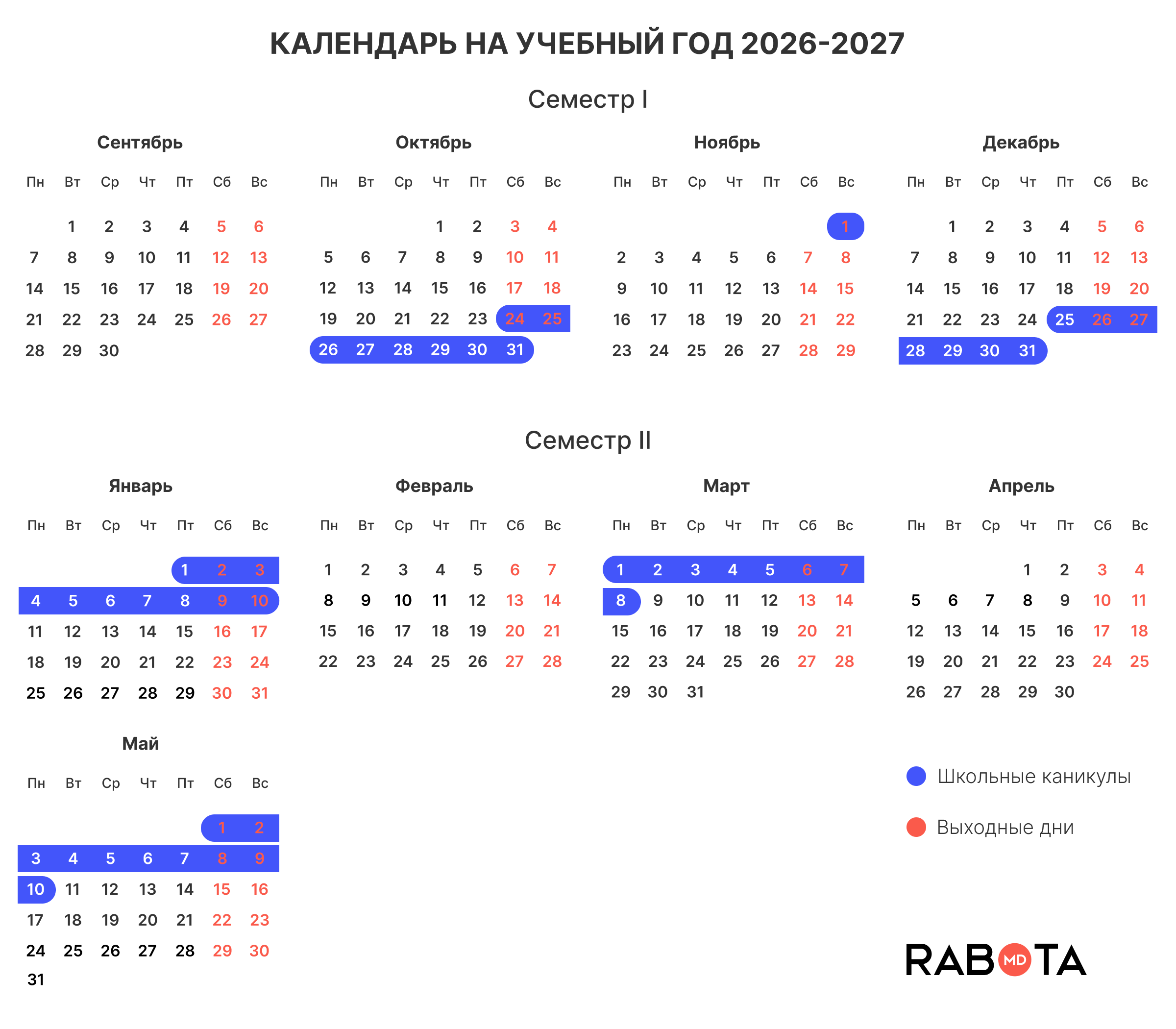 Календарь школьных каникул 2026-2027 в Молдове