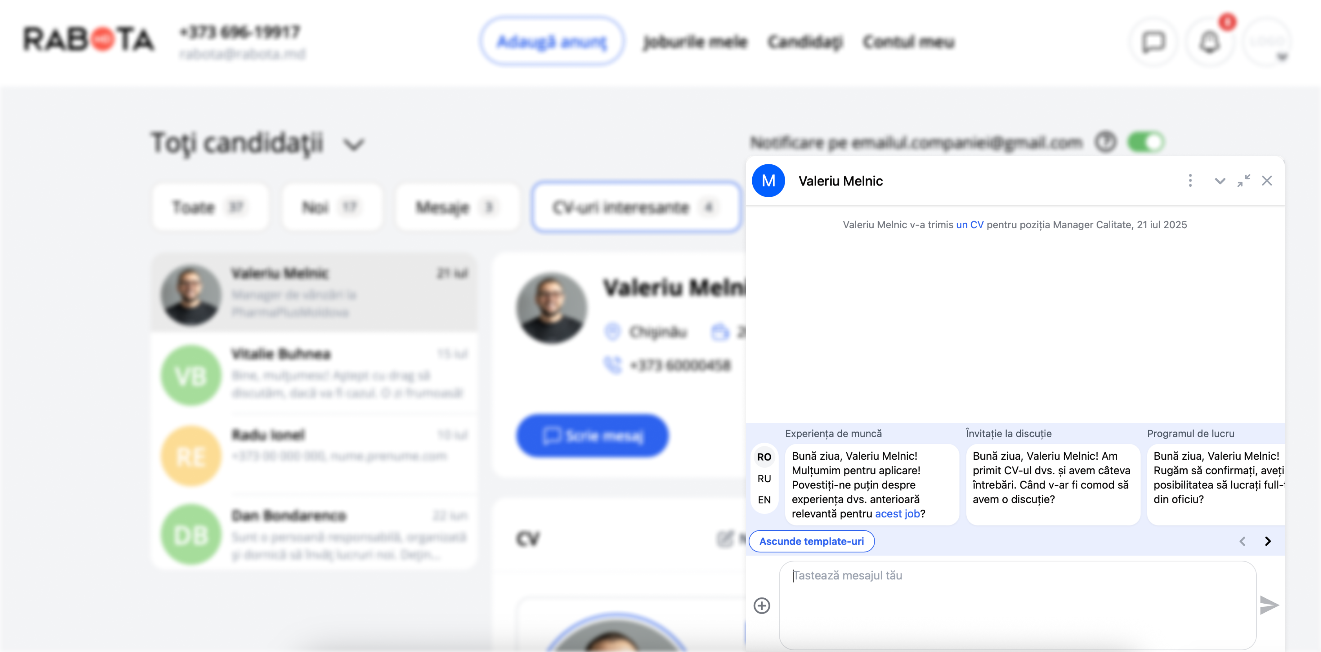 Chat-ul include sabloane de mesaje