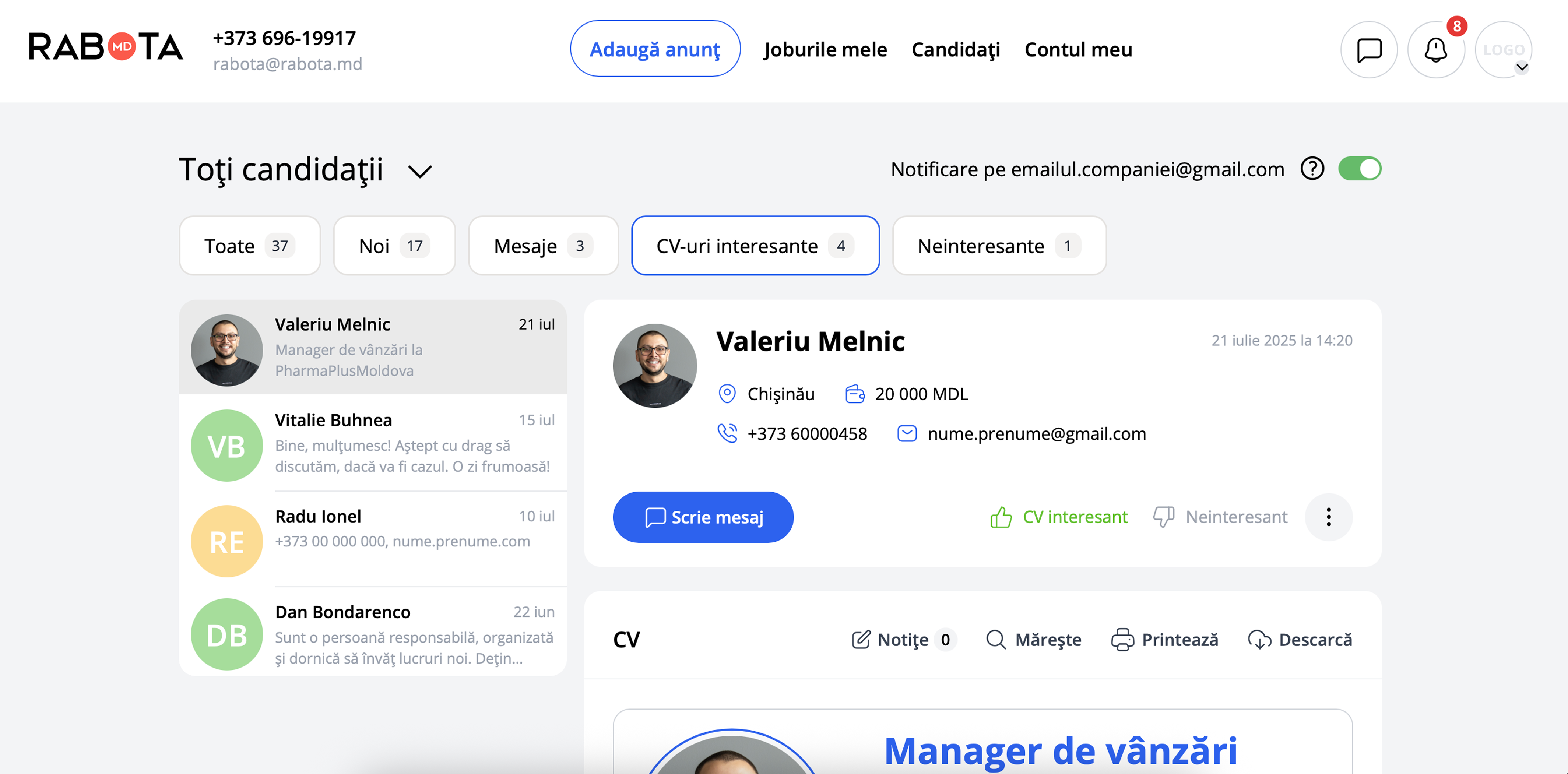 Chat-ul devine disponibil dupa ce candidatul a aplicat